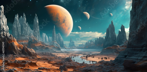 The mountainous surface of an unknown planet. Universe. Generate Ai. Generative AI