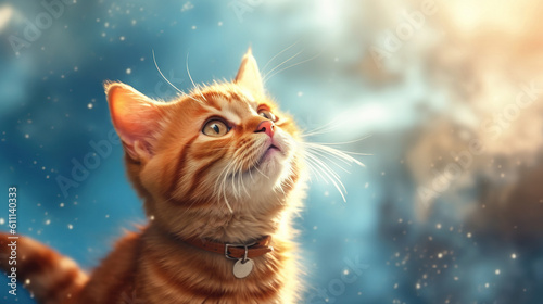 A red ginger striped kitten with a collar on a blurry blue background with sunlight. Cute kitten with copy space. Generative Ai.