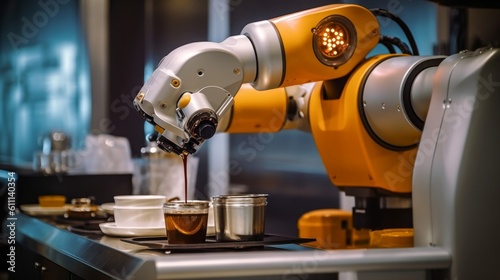 A close-up shot of a robot barista pouring steamed coffee in a cup. AI generated