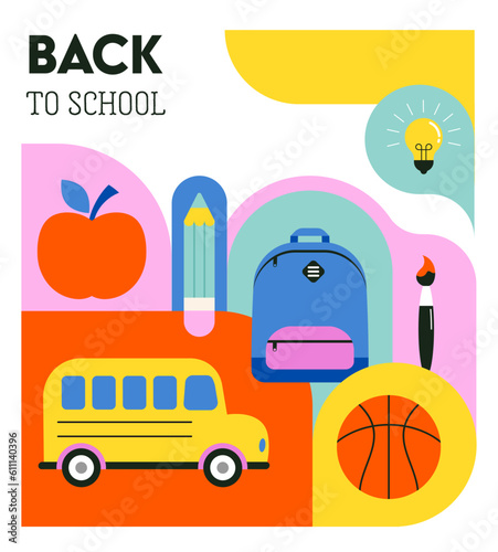 Vibrant Color Back To School background concept design. Geometrical flat style illustration, banner and poster. School supplies, backpack and yellow bus illustration