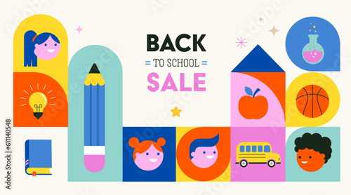 Vibrant Color Back To School background concept design. Geometrical flat style illustration, banner and poster. Kids, school supplies, backpack and yellow bus illustration