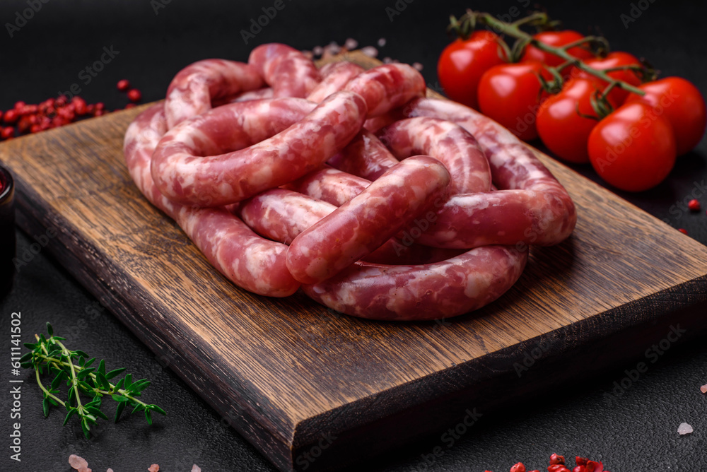 Raw sausages from pork or beef with salt, spices and herbs