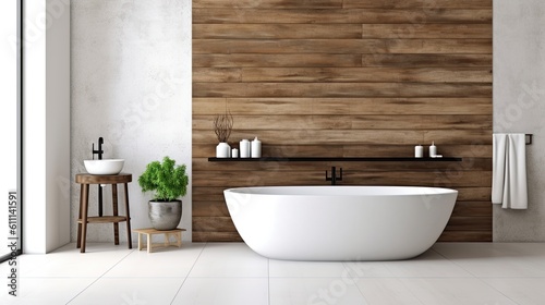 Interior of a bathroom with a bathtub on a wooden platform and a blank wall above. tiled floor with wall-mounted rack  modern minimalist style Generative AI