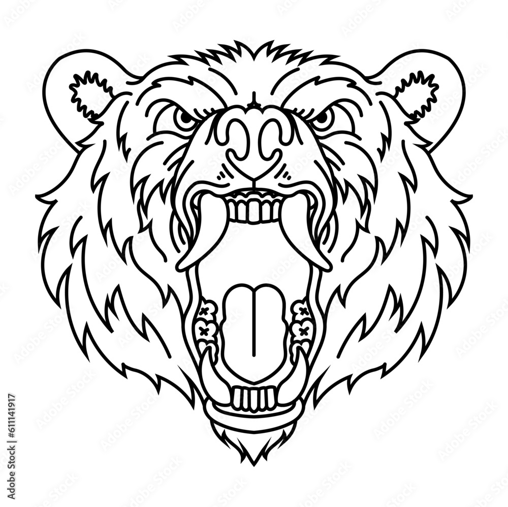 An outline illustration of a stylized roaring bear head.