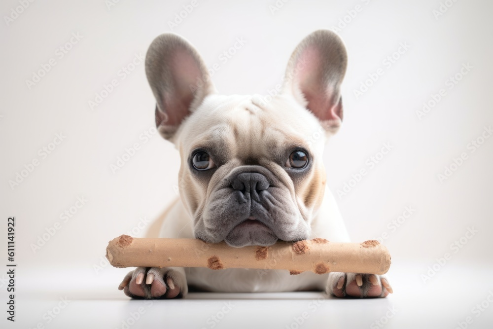 Medium shot portrait photography of a cute french bulldog holding a bone in its mouth against a white background. With generative AI technology