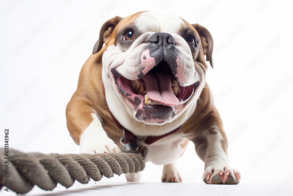 Obraz premium Lifestyle portrait photography of a smiling bulldog playing tug-of-war against a white background. With generative AI technology