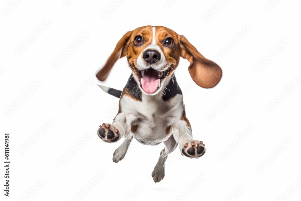 Headshot portrait photography of a happy beagle jumping against a white background. With generative AI technology