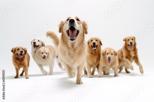 Conceptual portrait photography of a funny golden retriever playing with a group of dogs against a white background. With generative AI technology