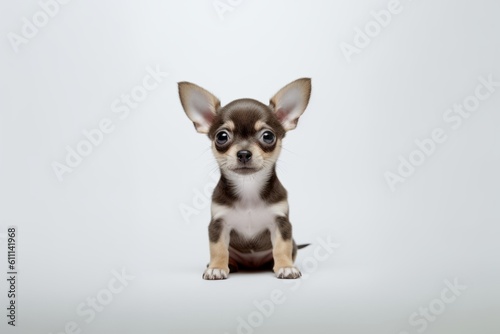 Medium shot portrait photography of a curious chihuahua sitting against a white background. With generative AI technology © Markus Schröder