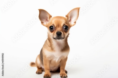 Medium shot portrait photography of a curious chihuahua sitting against a white background. With generative AI technology © Markus Schröder