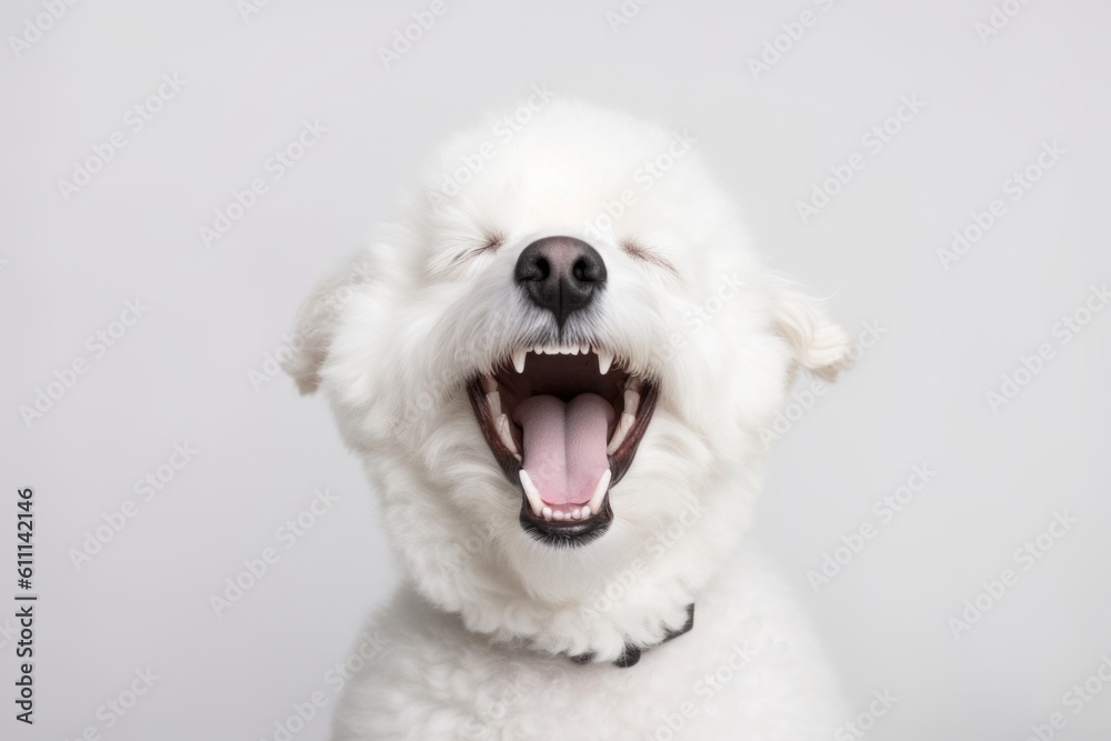 Medium shot portrait photography of a happy bichon frise yawning against a white background. With generative AI technology