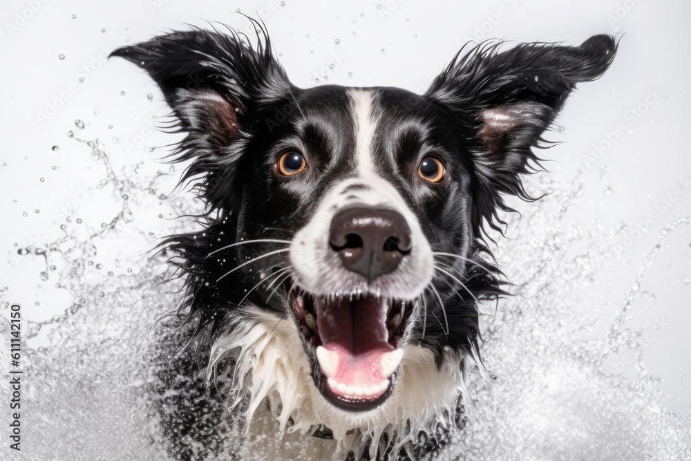 Environmental portrait photography of a happy border collie shaking off water after swimming against a white background. With generative AI technology Environmental portrait photography of a happy border collie shaking off water after swimming against a white background. With generative AI technology