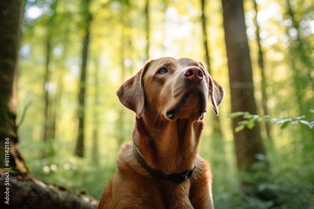 Lifestyle portrait photography of a curious labrador retriever being at a spa against a forest background. With generative AI technology