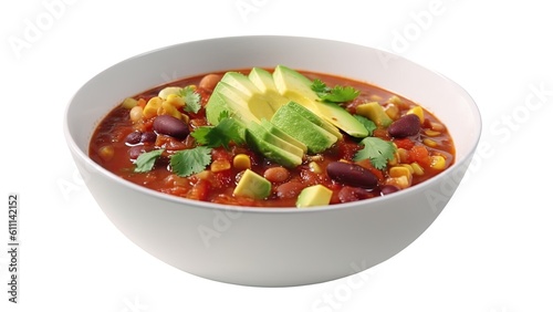 A bowl of vegetable chili with avocado and cilantro on White Background with copy space for your text created with generative AI technology © DigitalParadise