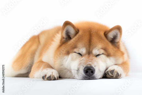 Environmental portrait photography of a happy akita inu sleeping against a white background. With generative AI technology © Markus Schröder