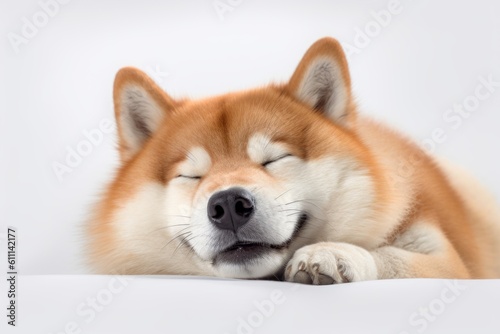 Environmental portrait photography of a happy akita inu sleeping against a white background. With generative AI technology