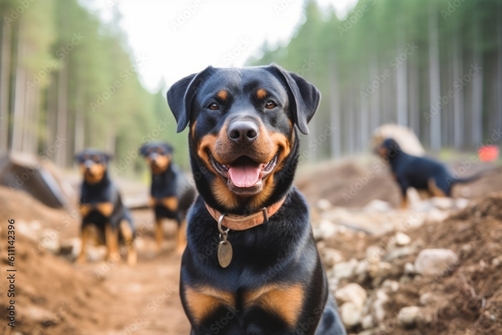 Group portrait photography of a happy rottweiler being at a construction site against a forest background. With generative AI technology