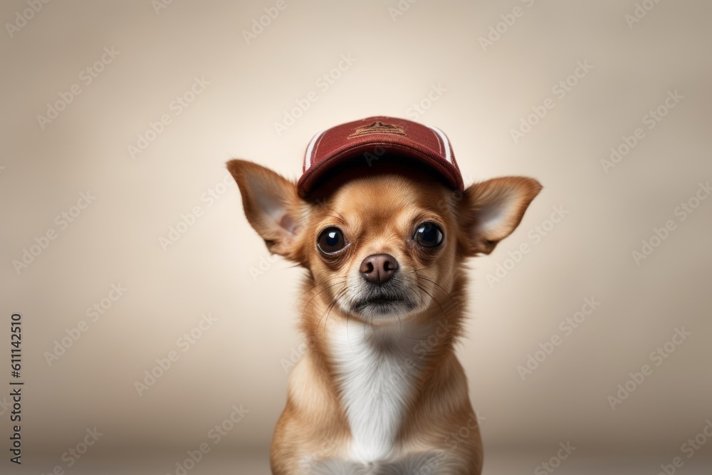Medium shot portrait photography of a funny chihuahua wearing a cap against a minimalist or empty room background. With generative AI technology