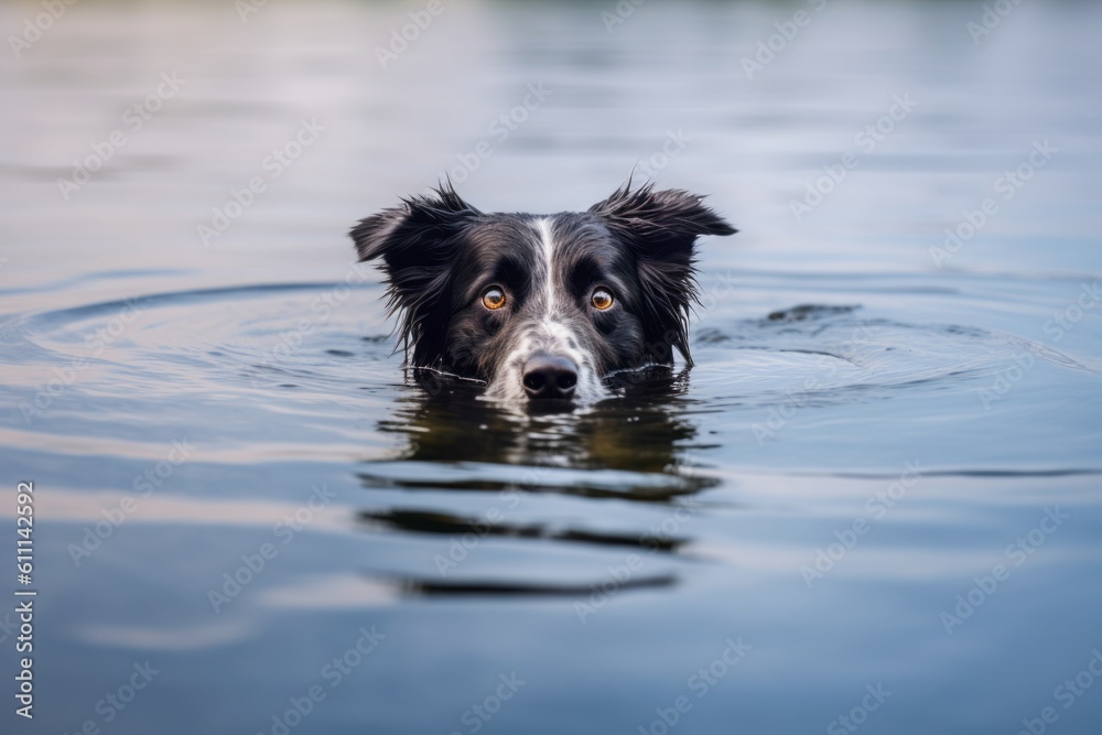 Environmental portrait photography of a smiling border collie swimming in a lake against a minimalist or empty room background. With generative AI technology Environmental portrait photography of a smiling border collie swimming in a lake against a minimalist or empty room background. With generative AI technology