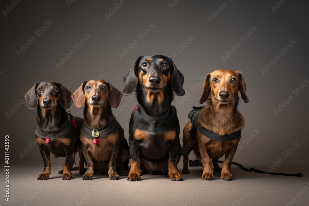 Group portrait photography of a smiling dachshund hiking with the owner against a minimalist or empty room background. With generative AI technology