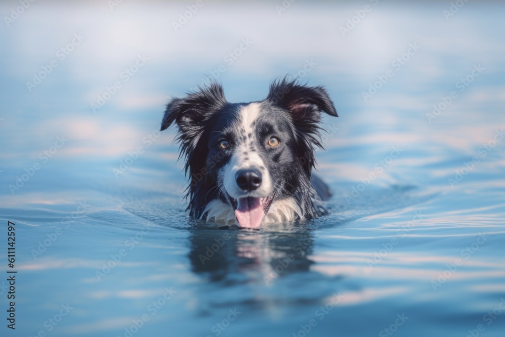 Environmental portrait photography of a smiling border collie swimming in a lake against a minimalist or empty room background. With generative AI technology
