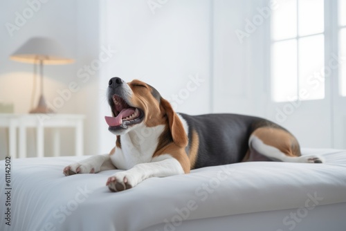 Medium shot portrait photography of a cute beagle yawning against a minimalist or empty room background. With generative AI technology