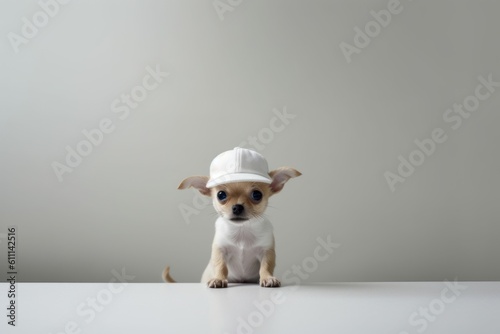 Medium shot portrait photography of a funny chihuahua wearing a cap against a minimalist or empty room background. With generative AI technology © Markus Schröder