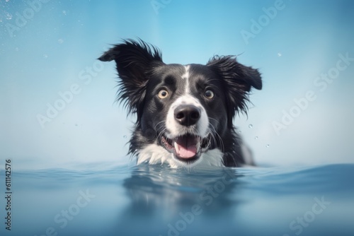 Environmental portrait photography of a smiling border collie swimming in a lake against a minimalist or empty room background. With generative AI technology