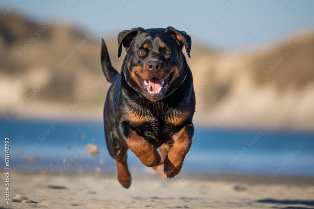 Full-length portrait photography of a curious rottweiler running against a beach background. With generative AI technology Full-length portrait photography of a curious rottweiler running against a beach background. With generative AI technology