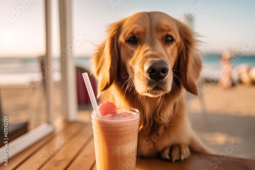 Lifestyle portrait photography of a funny golden retriever having a smoothie against a beach background. With generative AI technology