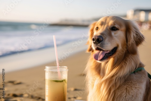 Lifestyle portrait photography of a funny golden retriever having a smoothie against a beach background. With generative AI technology