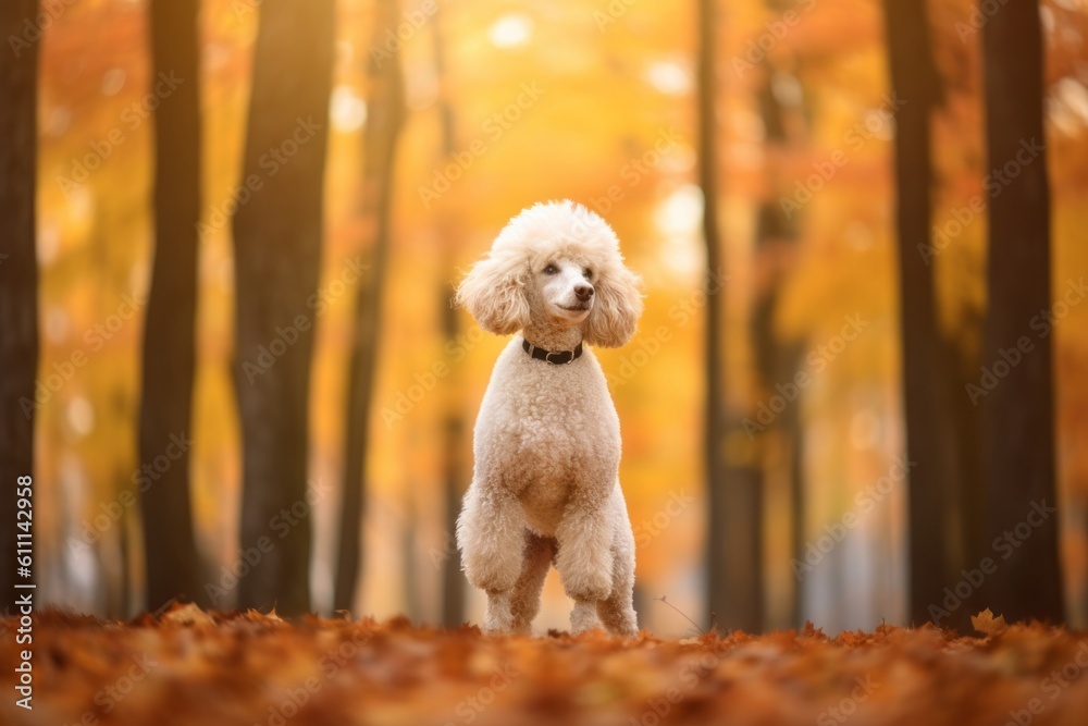 Medium shot portrait photography of a funny poodle standing on hind legs against an autumn foliage background. With generative AI technology Medium shot portrait photography of a funny poodle standing on hind legs against an autumn foliage background. With generative AI technology