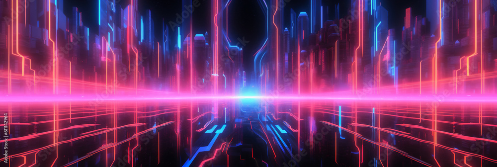 Abstract futuristic neon background. Fantastic virtual glowing cyberspace. Gamer banner. Generative Ai.