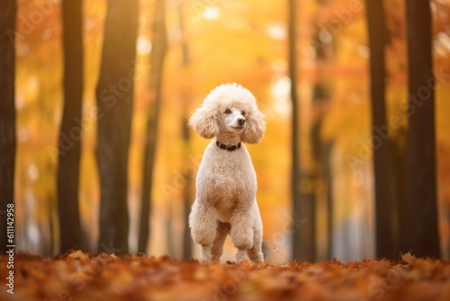 Medium shot portrait photography of a funny poodle standing on hind legs against an autumn foliage background. With generative AI technology