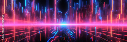 Abstract futuristic neon background. Fantastic virtual glowing cyberspace. Gamer banner. Generative Ai.