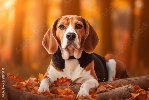 Conceptual portrait photography of a happy beagle lying down against an autumn foliage background. With generative AI technology © Markus Schröder