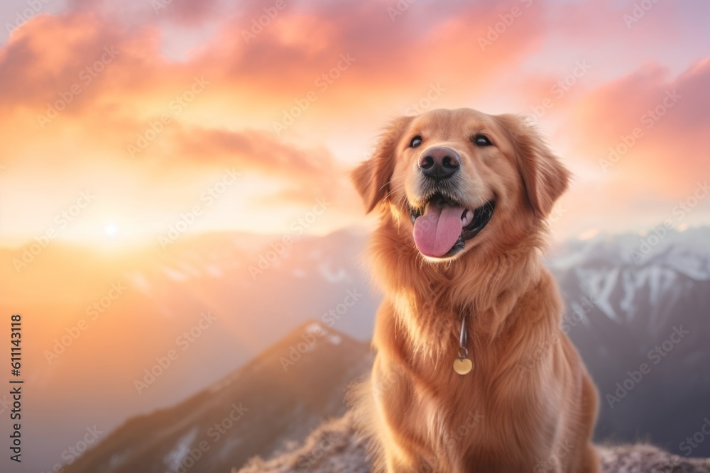 Medium shot portrait photography of a happy golden retriever being on a mountain peak against a pastel or soft colors background. With generative AI technology