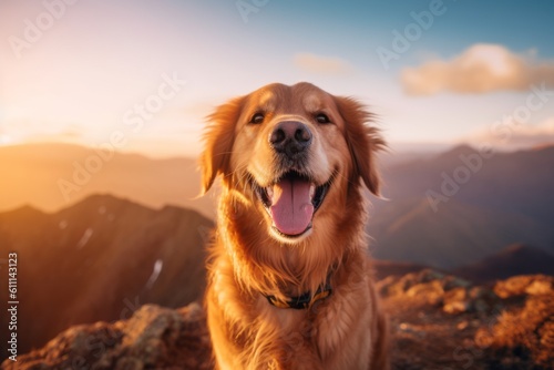 Medium shot portrait photography of a happy golden retriever being on a mountain peak against a pastel or soft colors background. With generative AI technology