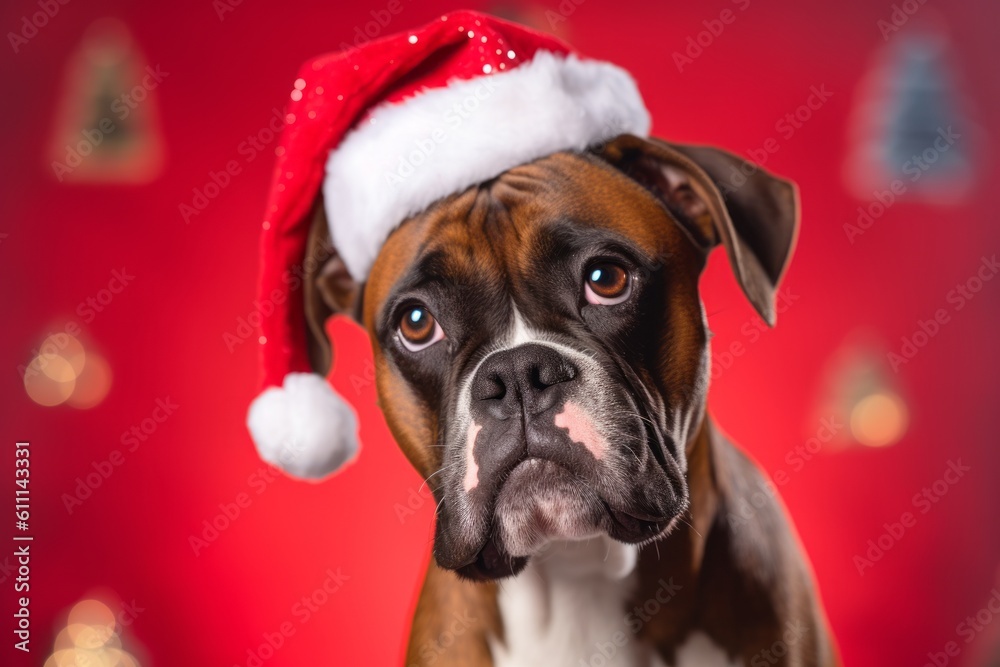 Environmental portrait photography of a cute boxer dog wearing a santa hat against a pastel or soft colors background. With generative AI technology