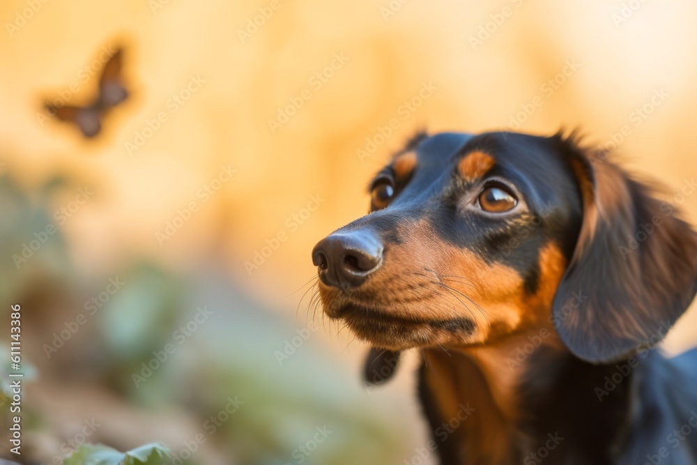 Environmental portrait photography of a funny dachshund having a butterfly on its nose against a pastel or soft colors background. With generative AI technology