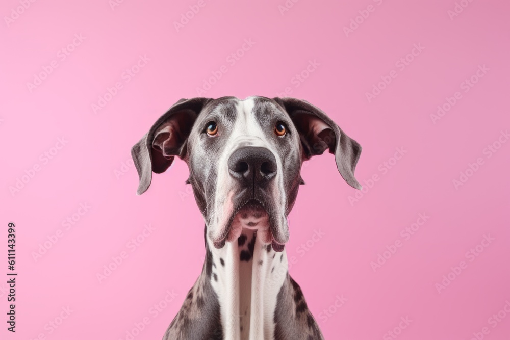 Environmental portrait photography of a funny great dane sniffing against a pastel or soft colors background. With generative AI technology
