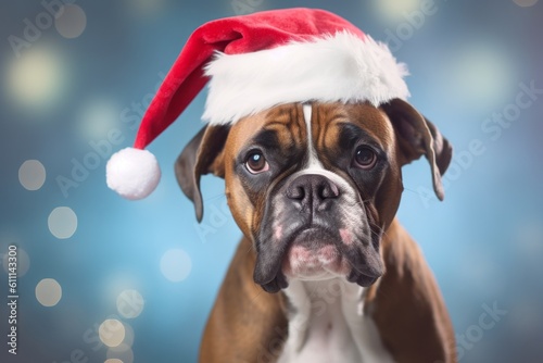 Environmental portrait photography of a cute boxer dog wearing a santa hat against a pastel or soft colors background. With generative AI technology