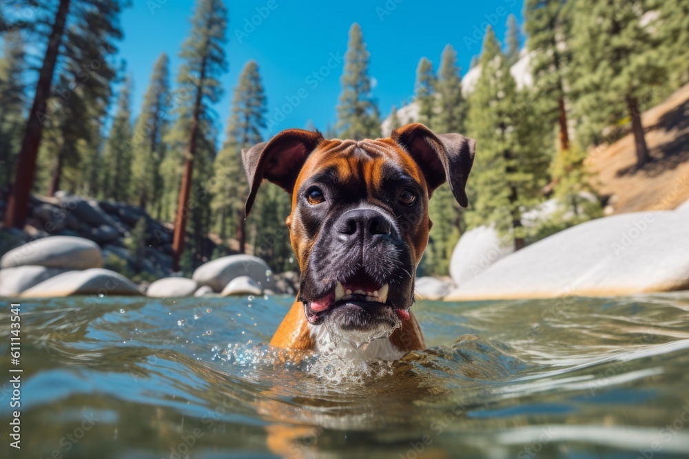 Full-length portrait photography of a funny boxer dog swimming against national parks background. With generative AI technology