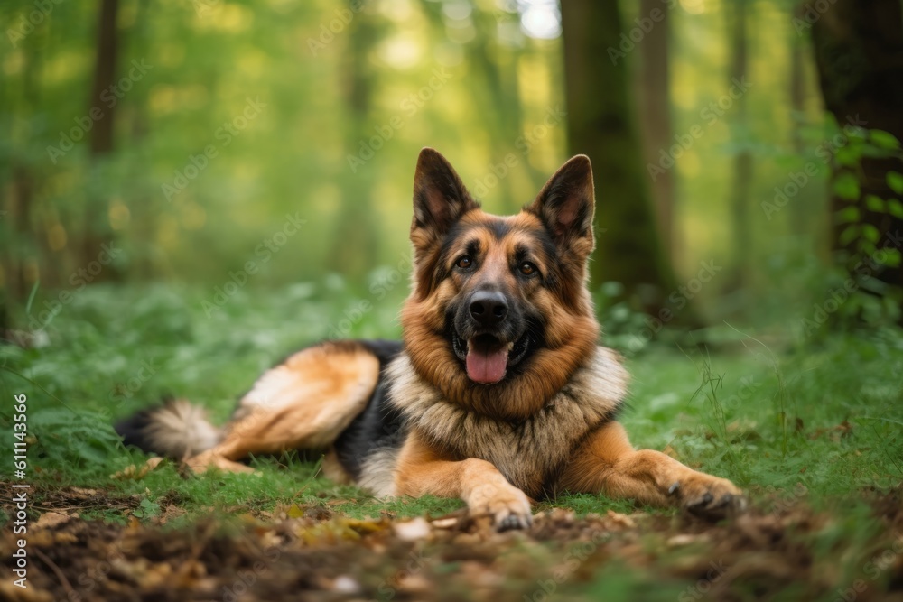 Lifestyle portrait photography of a happy german shepherd lying down against forests and woodlands background. With generative AI technology