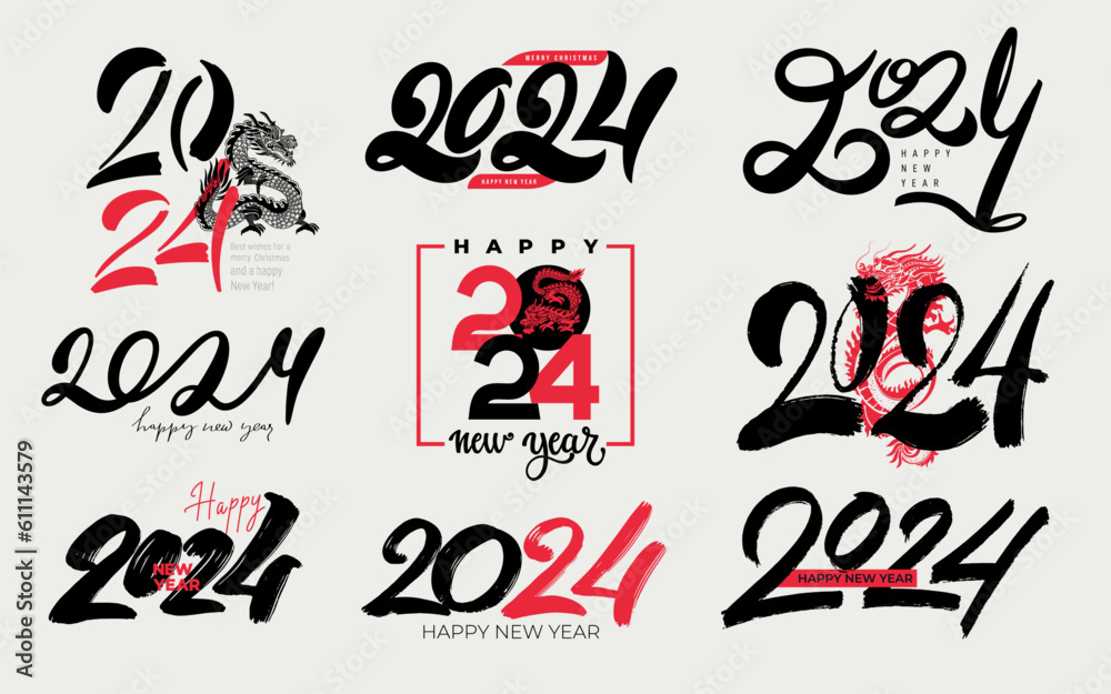 Set of 2024 Happy New Year logo black text design. Big collection of
