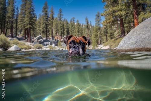 Full-length portrait photography of a funny boxer dog swimming against national parks background. With generative AI technology