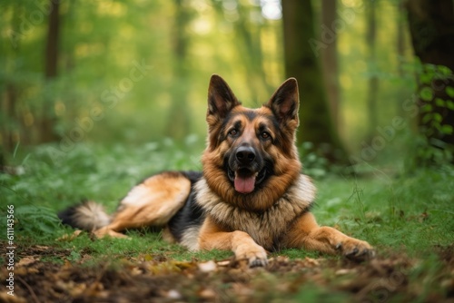 Lifestyle portrait photography of a happy german shepherd lying down against forests and woodlands background. With generative AI technology