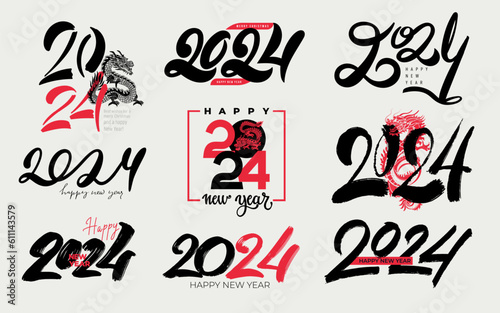 Set of 2024 Happy New Year logo black text design. Big collection of 2024 number trend design template. 2024 Happy New Year symbols decoration. Chinese Christmas vector illustration with black labels.