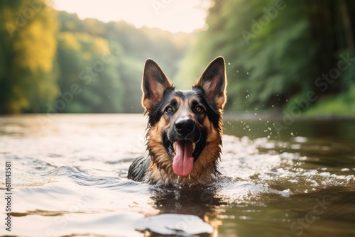 Close-up portrait photography of a happy german shepherd swimming in a lake against forests and woodlands background. With generative AI technology