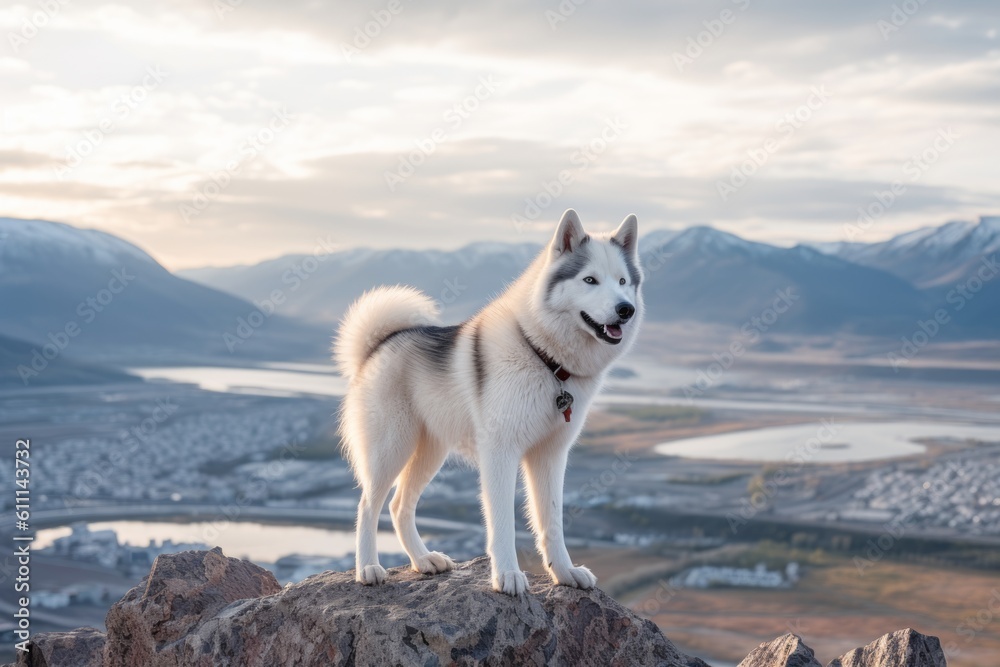 Full-length portrait photography of a curious siberian husky being on a mountain peak against lakes and rivers background. With generative AI technology Full-length portrait photography of a curious siberian husky being on a mountain peak against lakes and rivers background. With generative AI technology